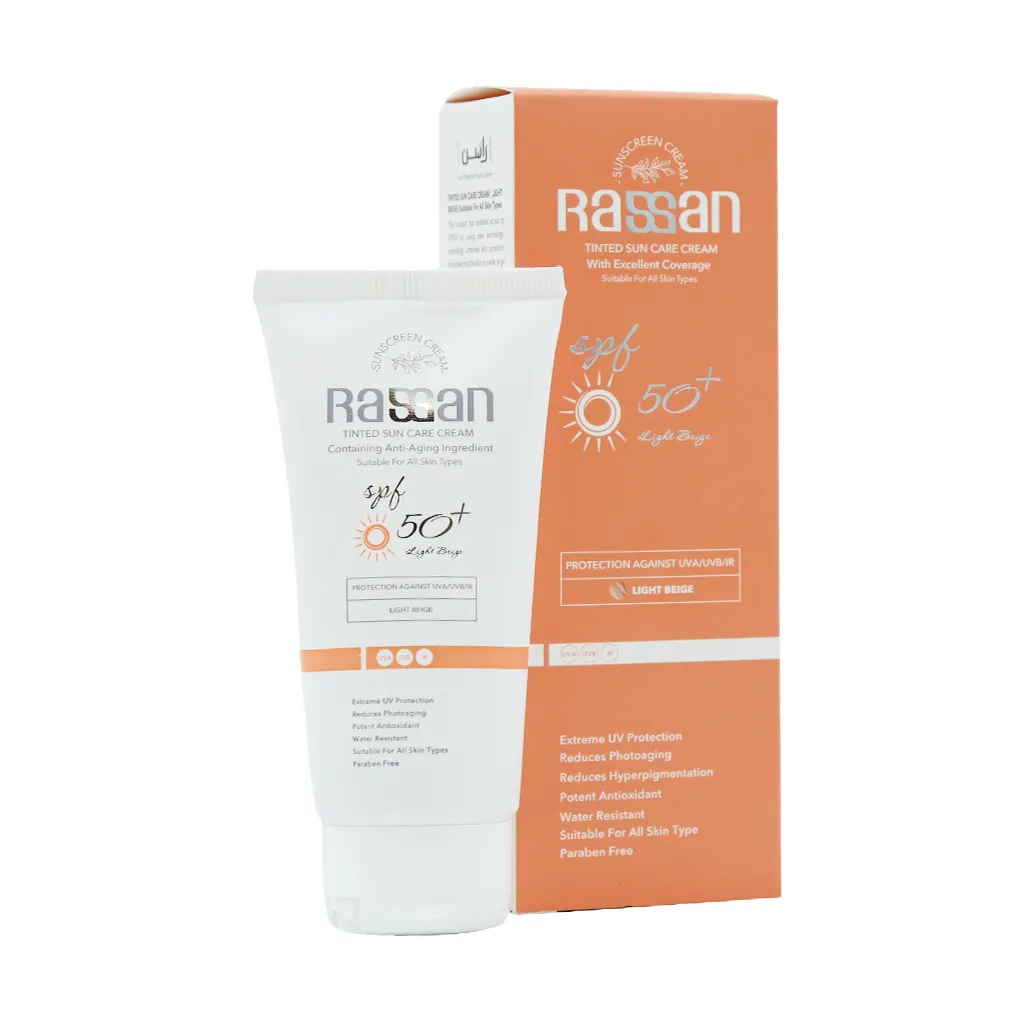 کرم ضد آفتاب رنگی مناسب انواع پوست با SPF50 راسن (بژ روشن)